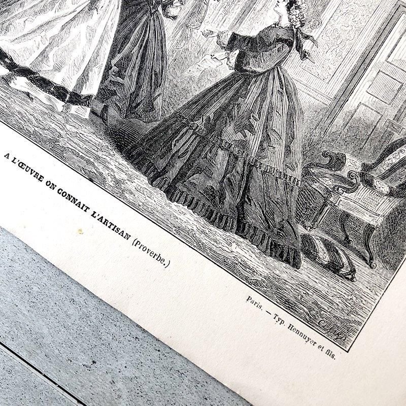 アンティーク フランス 18世紀 銅版画 婦人洋品店の風景