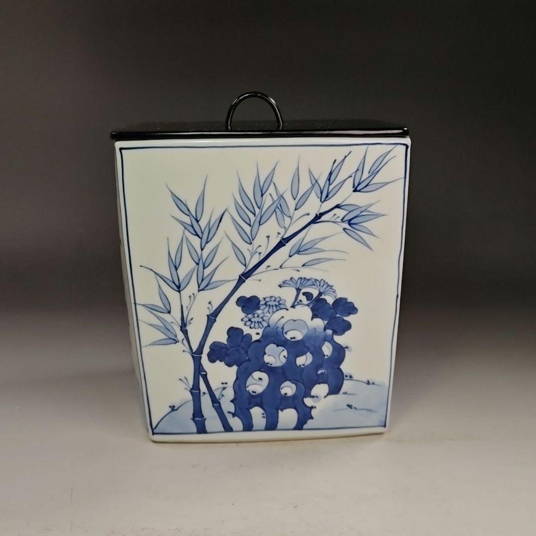 イ943 水指『平安 手塚祥堂』『染付四君子四方形 水指 共箱』茶道具