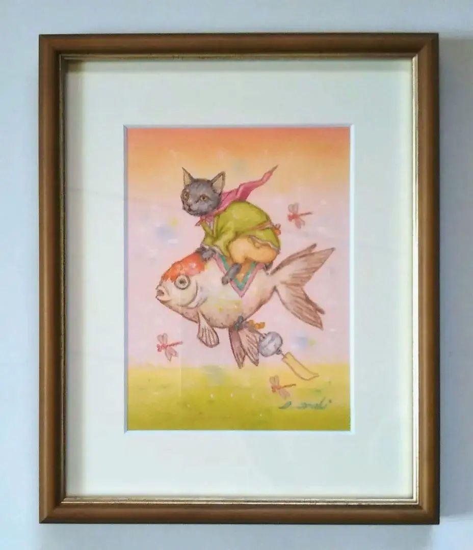 特別価格☆【原画】『夏の終わりの使者』（黒猫　金魚　絵画　手描き　和風　）